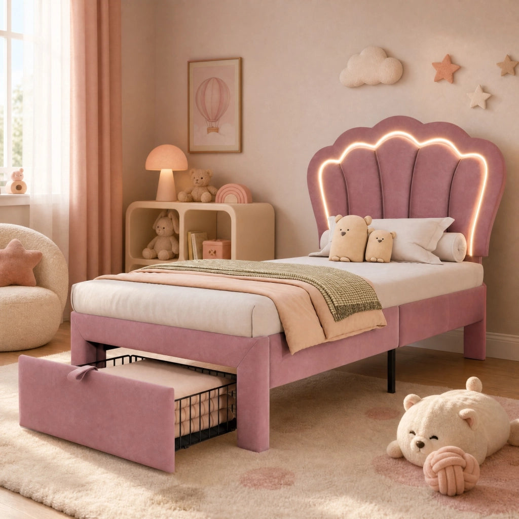 Letto singolo imbottito 90x190 cm in velluto rosa con testiera regolabile, LED RGB, cassetto estraibile e rete a doghe