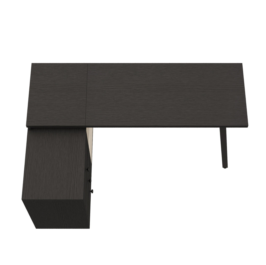 Scrivania angolare 150x100x76 cm con tre cassetti e due vani aperti in MDF e metallo nera