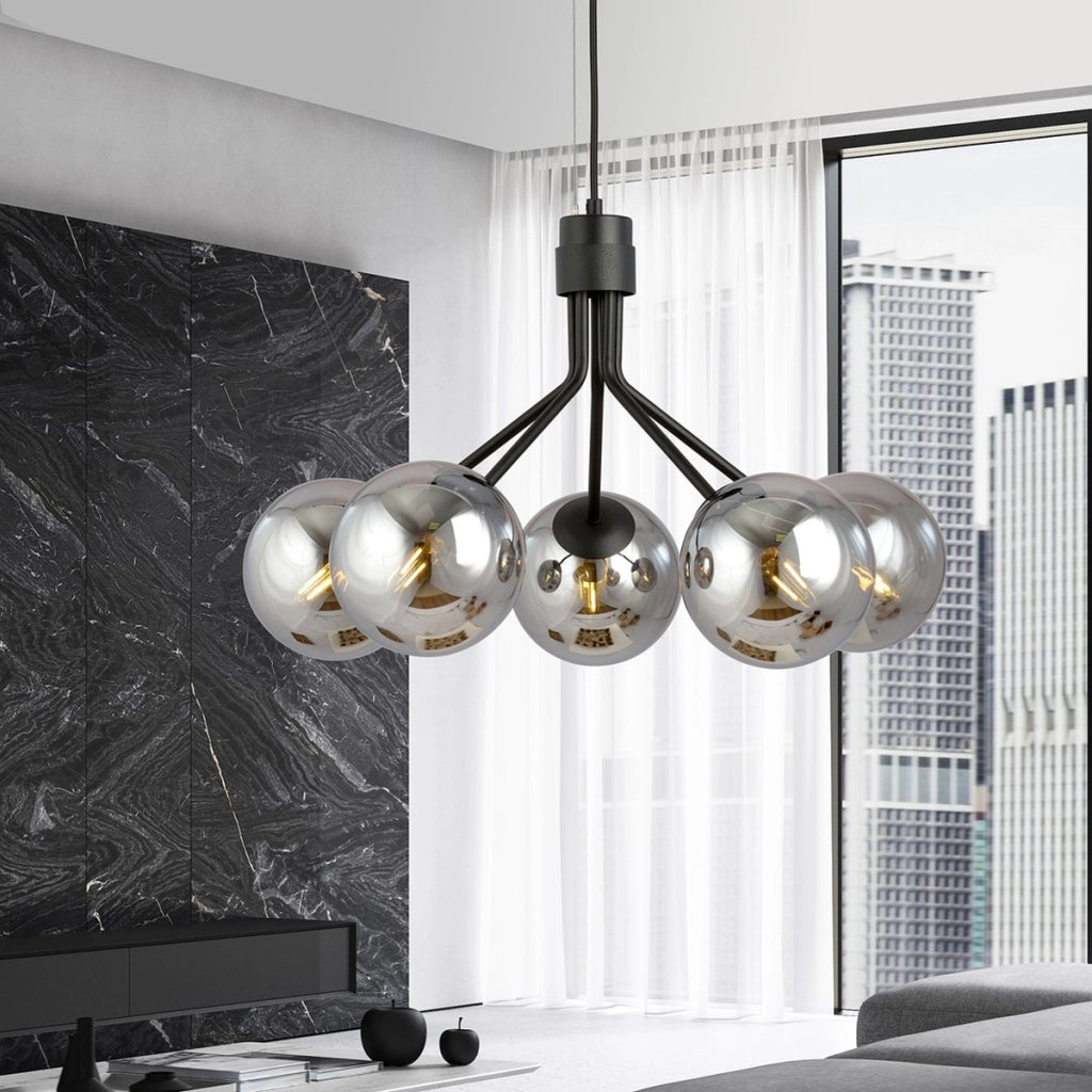 Lampada a sospensione NOVA in acciaio nero con diffusori in vetro grafite