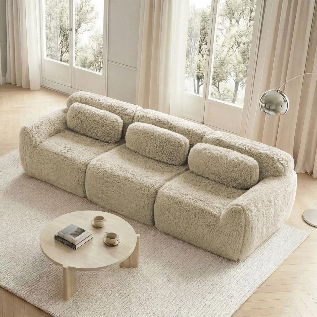 Divano Modulare 3 Posti senza Montaggio con Cuscini; Base Antiscivolo; Comfort Ergonomico in Peluche Beige Chiaro