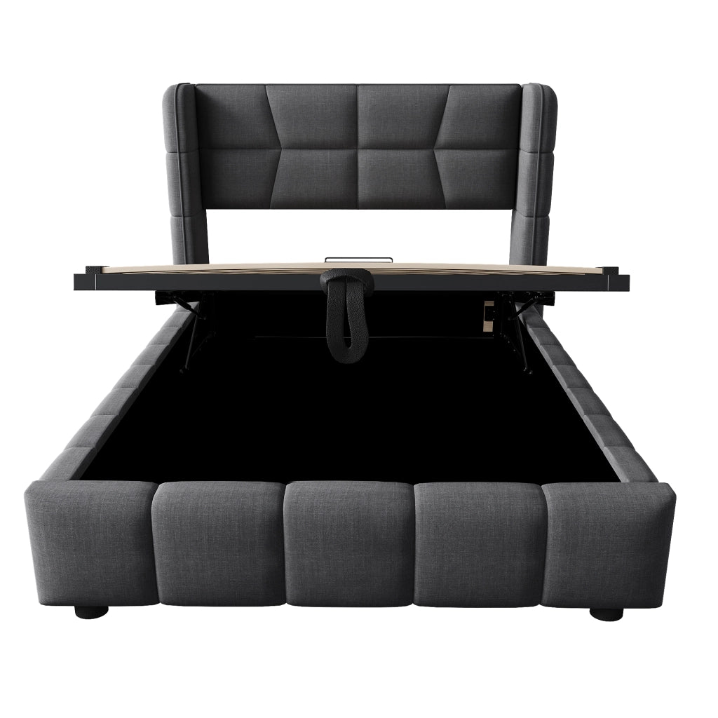 Letto per bambini 90 × 200 cm con contenitore a sollevamento, senza materasso, en tessuto, grigio