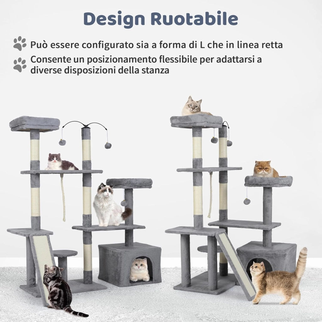 Albero per Gatti Alto 136 cm, Tiragraffi per Gatti da Interno con Tiragraffi, Rampa, 2 Posatoi Imbottiti, Ampio Condo, Palline Pendenti, Corda Appesa e Piattaforma Multilivello (Grigio Chiaro)