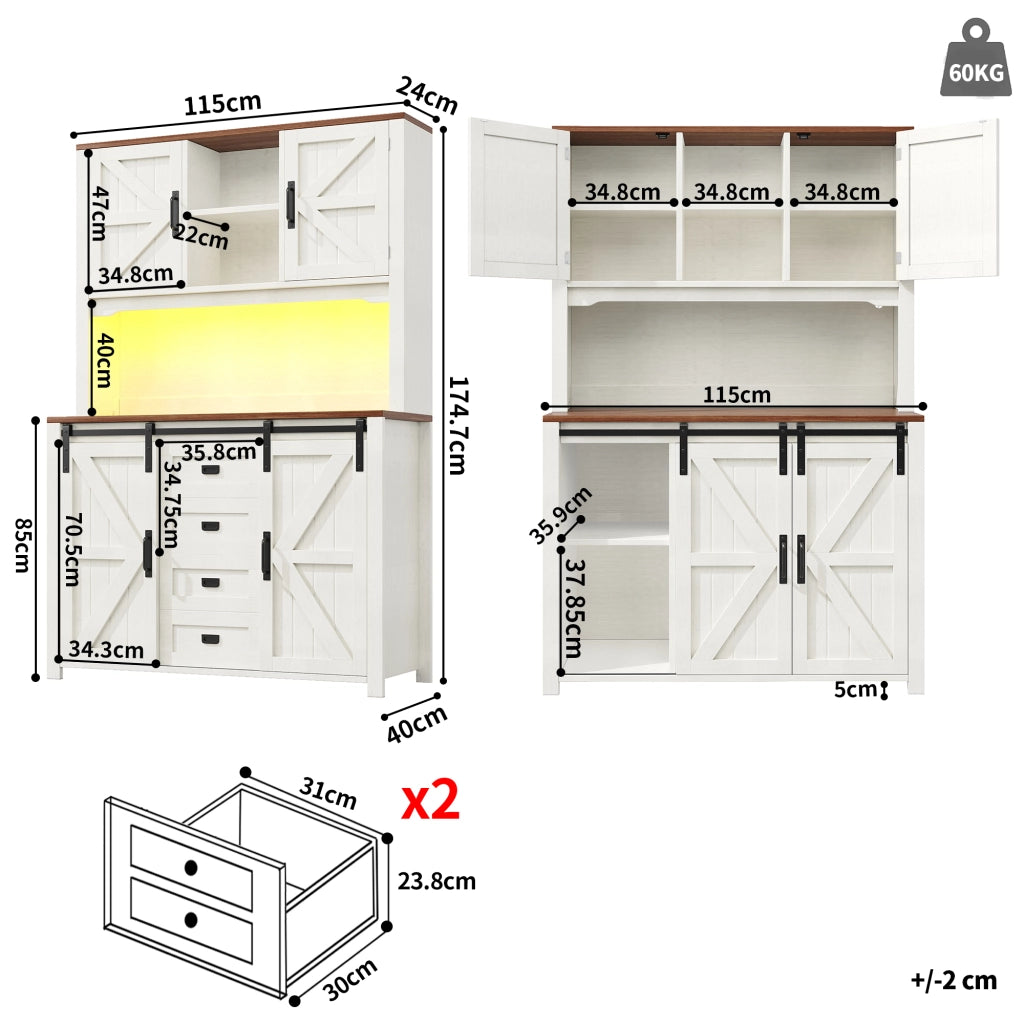 Credenza Alta da Cucina con Ante Scorrevoli; Vano Aperto; 2 Cassetti e LED; in MDF e Metallo; 115 x 40 x 174;7 cm; Bianco