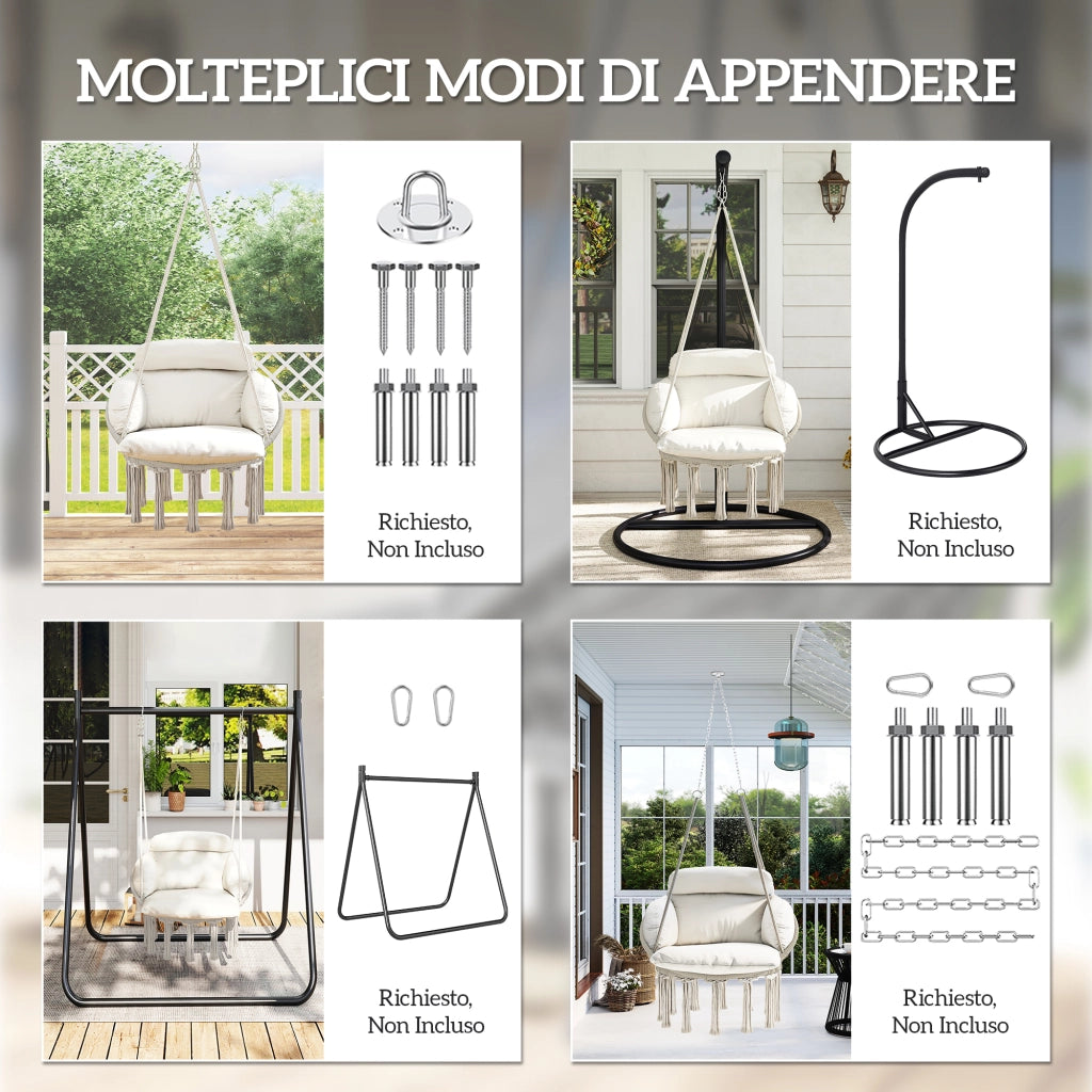 Poltrona Sospesa in Stile Boho con Cuscino, in Acciaio, Cotone e Poliestere, 80x60x40 cm, Bianco Crema