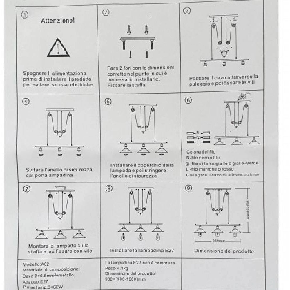 Trade Shop - Lampadario A Sospensione Vintage 3 Punti Luce Attacco E27 Stile Industriale A02 -
