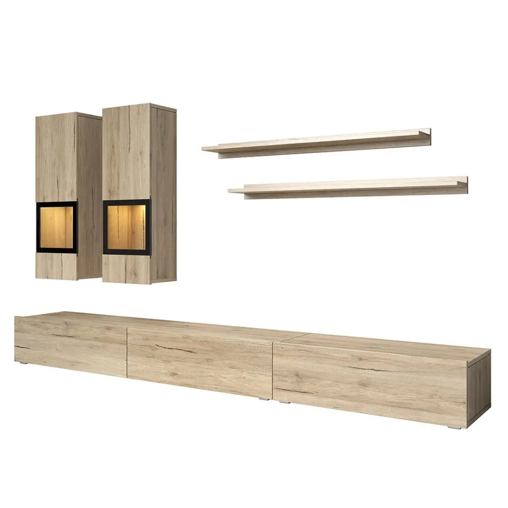 Set soggiorno RAMOS – LED multicolori integrate – Rovere e nero - Mobile TV, vetrine, scaffali