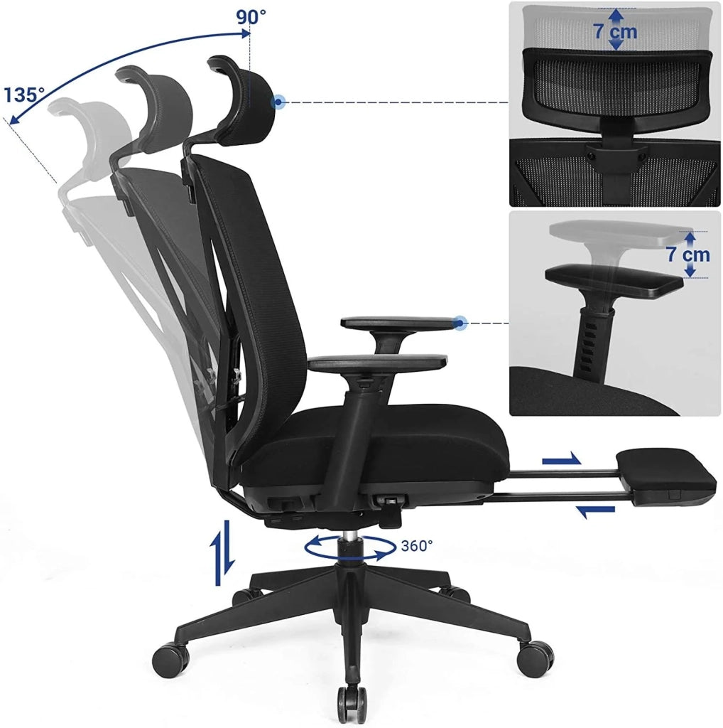 Sedia da ufficio con poggiapiedi sedia da ufficio ergonomica in rete meccanismo di inclinazione (90-135°) carico massimo 150 kg nero 12_0000410
