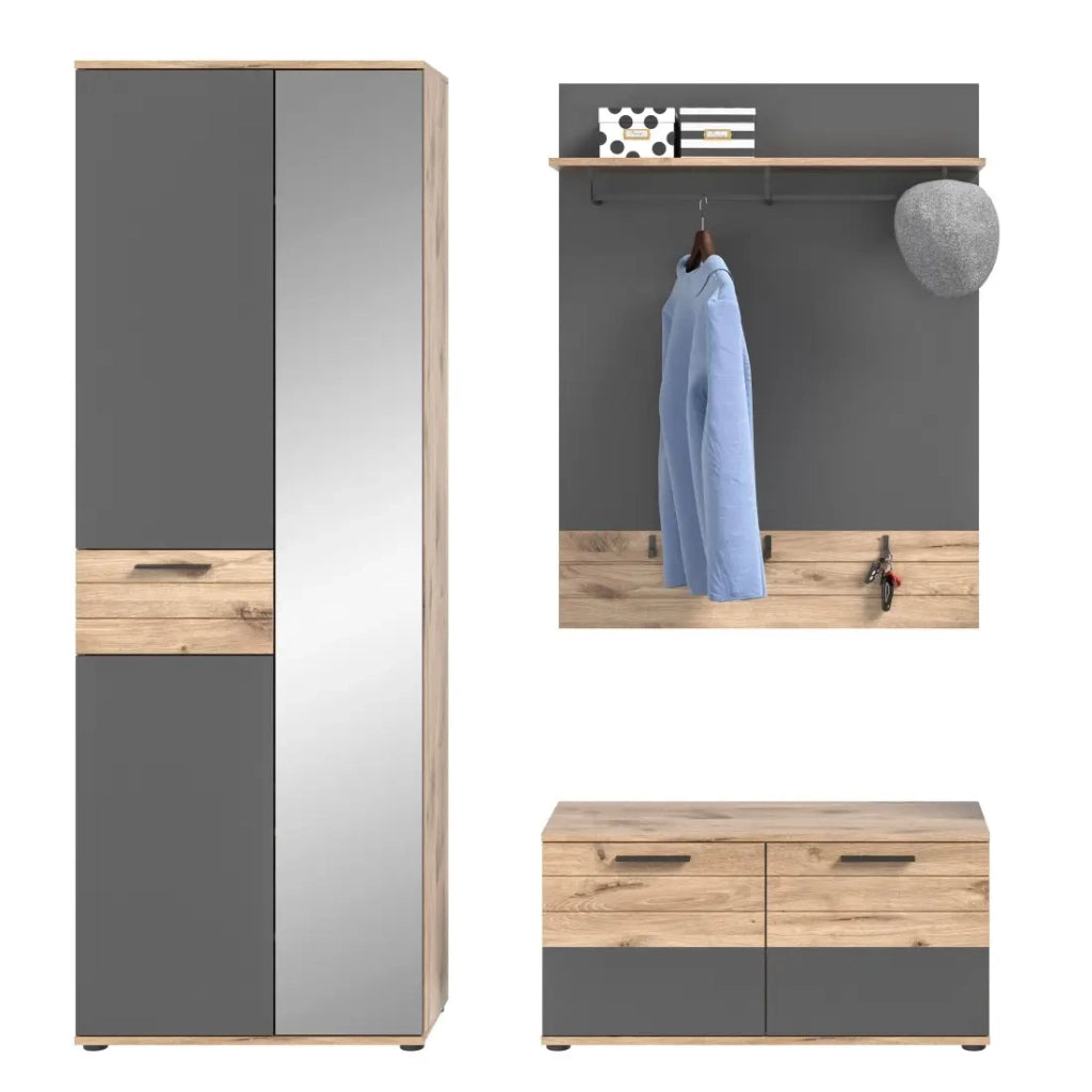 Set di mobili per ingresso: armadio con specchio + mobile per scarpe + specchio - Grigio antracite e rovere chiaro - SELMA