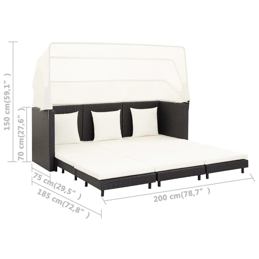 Divano Letto a 3 Posti Estendibile con Tetto Polyrattan Nero cod mxl 61538