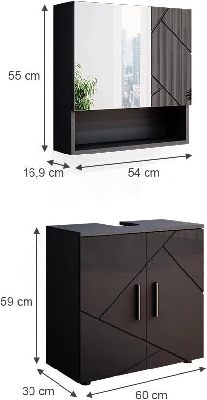 Set mobili bagno Irma, Antracite lucido, 80 cm, composto da specchio da bagno e mobile sottolavabo