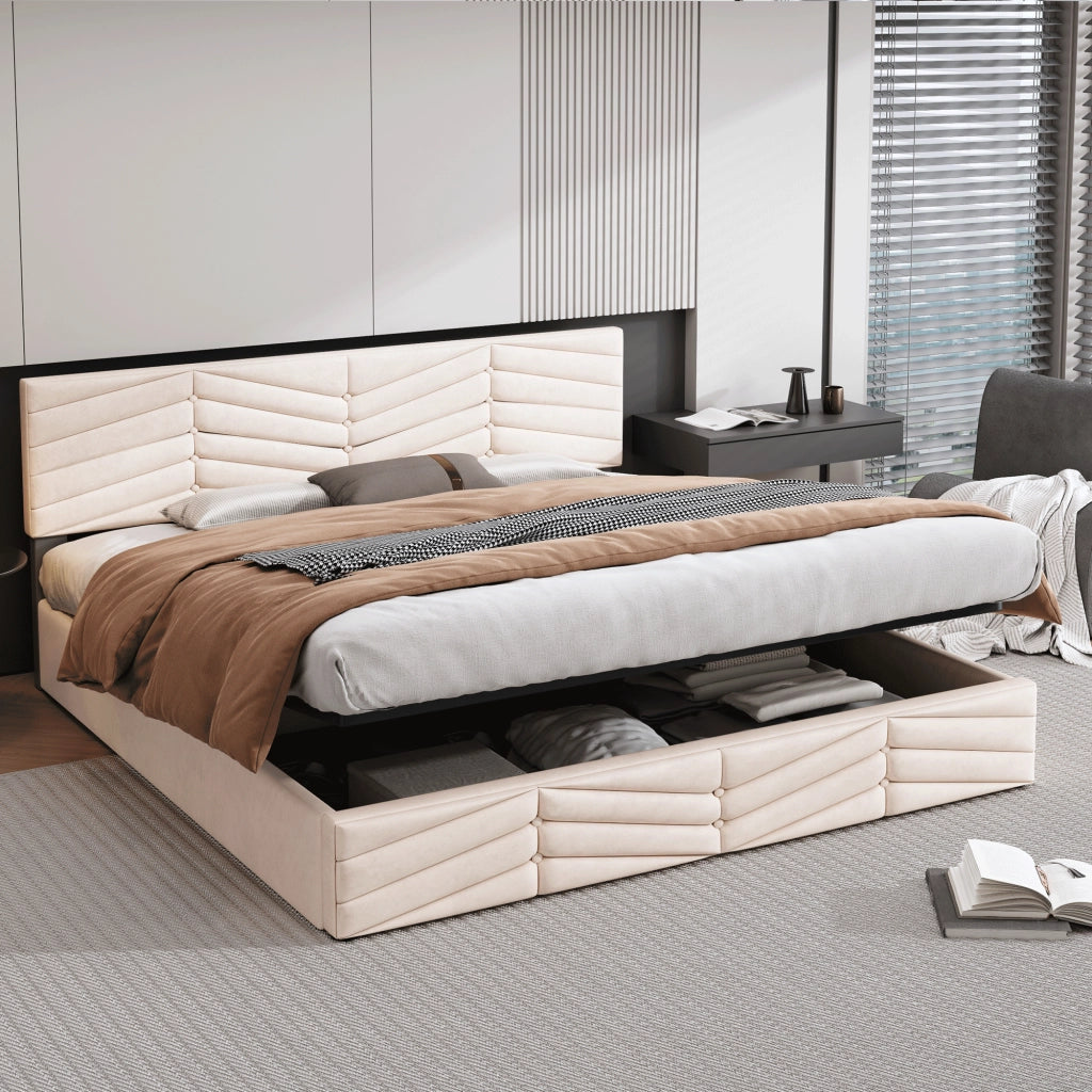 Letto Contenitore Letto Matrimoniale con Testiera Regolabile; 160 × 200 cm; senza Materasso; Velluto; Beige