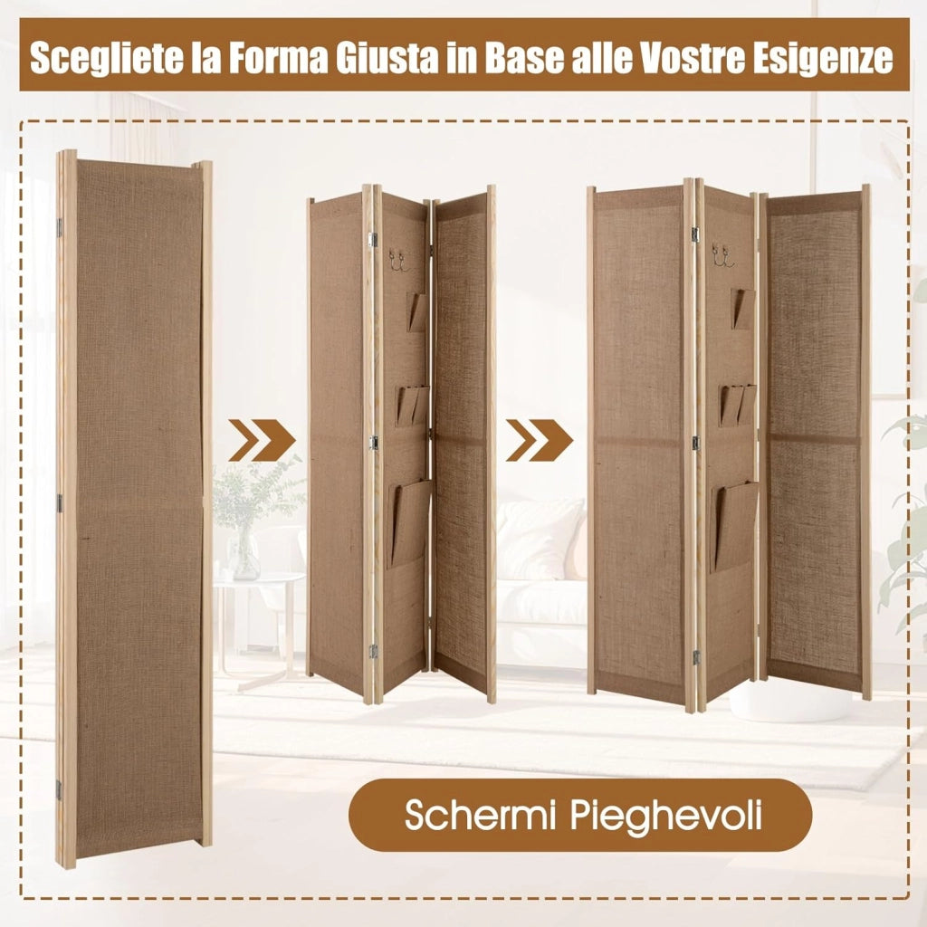 Paravento a 3 Pannelli, Separé Divisorio da Interno in Lino Finto con Tasche di Stoccaggio e Ganci, Pannelli Divisori Pieghevole per Camera da Letto, Ufficio e Soggiorno