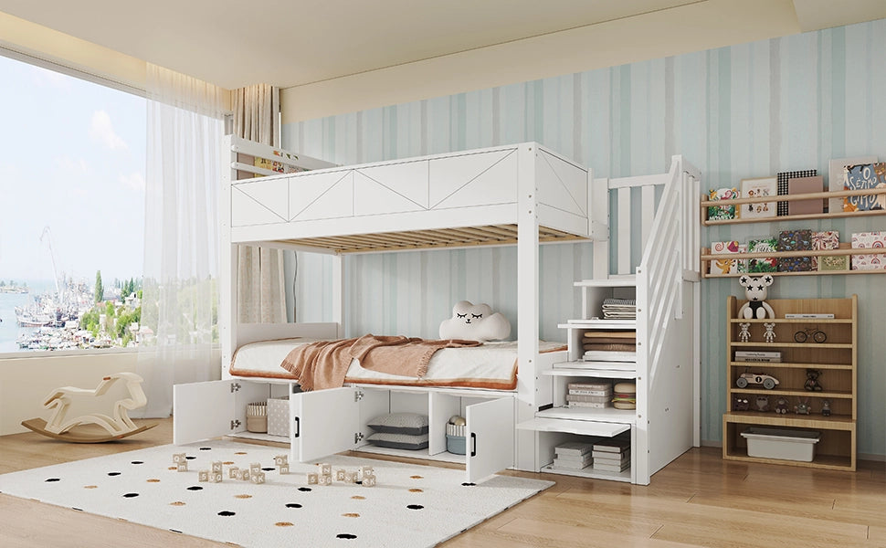 DESMIU Letto a castello 90 × 200 cm 2 posti con scala contenitore, vani chiusi e senza materasso, bianco