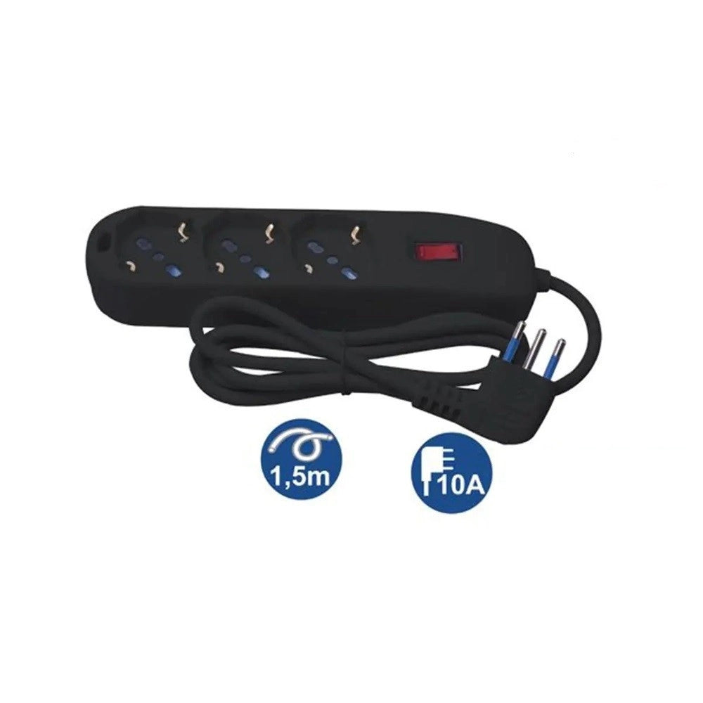 Trade Shop - Multipresa 3 Uscite Universali Schuko Spina 10a Cavo 1.5 Mt Nero Ciabatta 80100n -