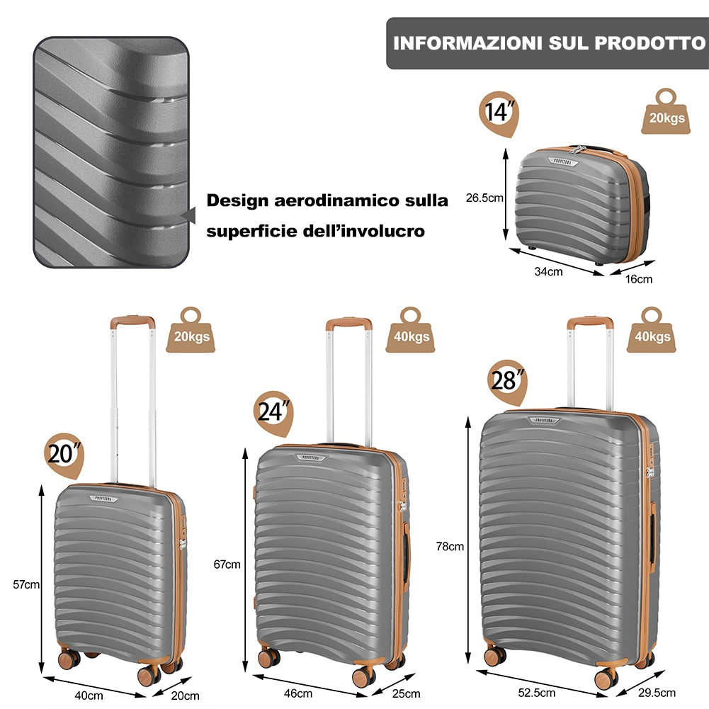 Set 4 Valigie Rigide Resistente a Urti Beauty Case in Polipropilene Grigio