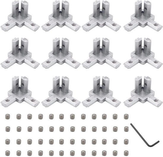 Set di connettori angolari 3 vie - 12 pezzi - Inclusi 48 viti M4 - 2 chiavi M2 - Zinklegering - Resistente alla trazione e all'ossidazione - Connettore angolare