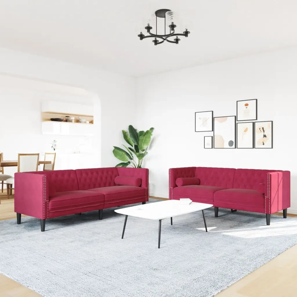 vidaXL Set Divani Chesterfield 2pz con Cuscini Rosso Vino Velluto