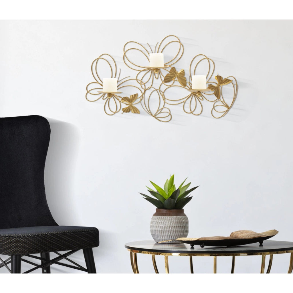 Portacandele da muro Farfalle in ferro dorato CM 61x12x34