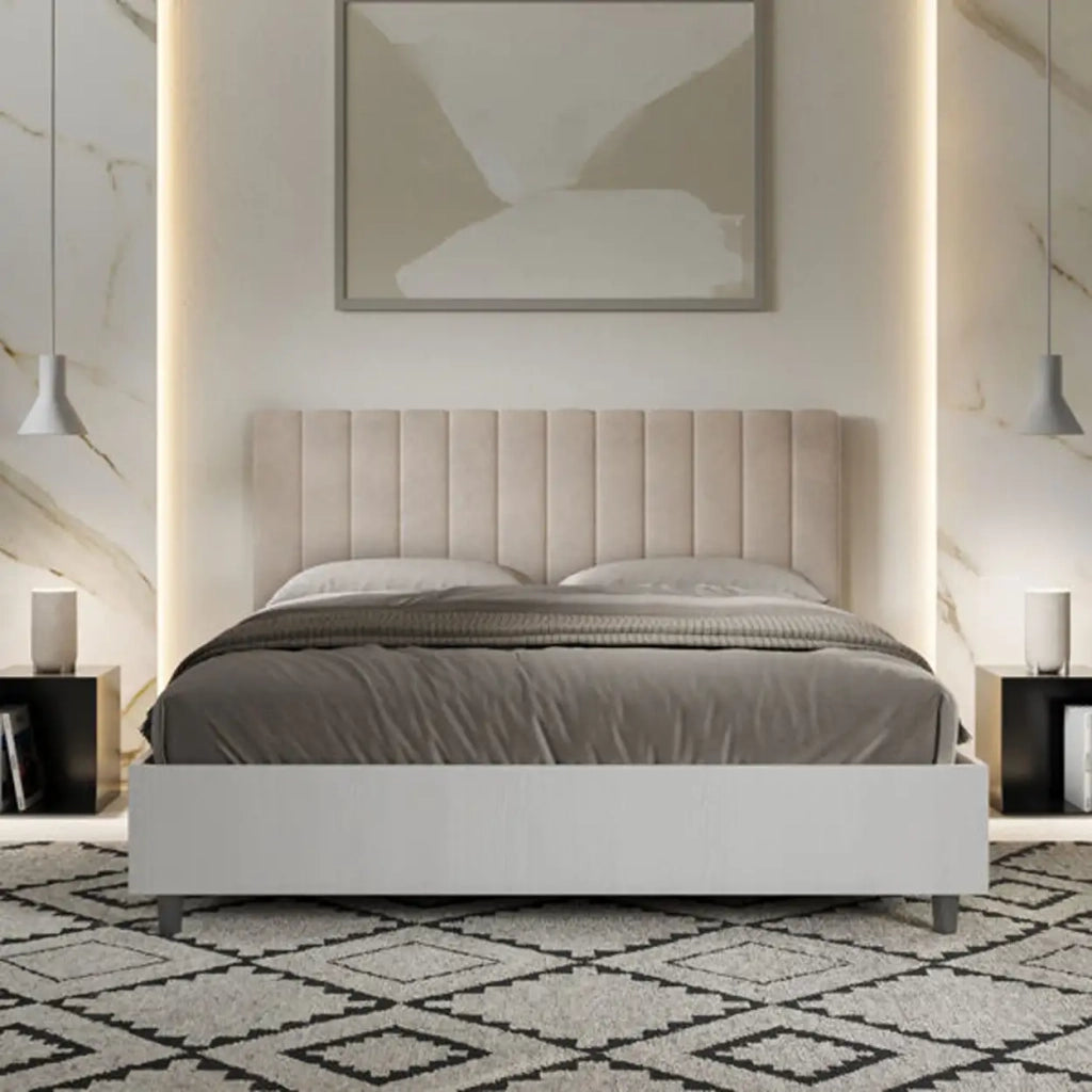 Letto matrimoniale senza rete 160x190 bianco frassino testata microfibra sabbia Kaia