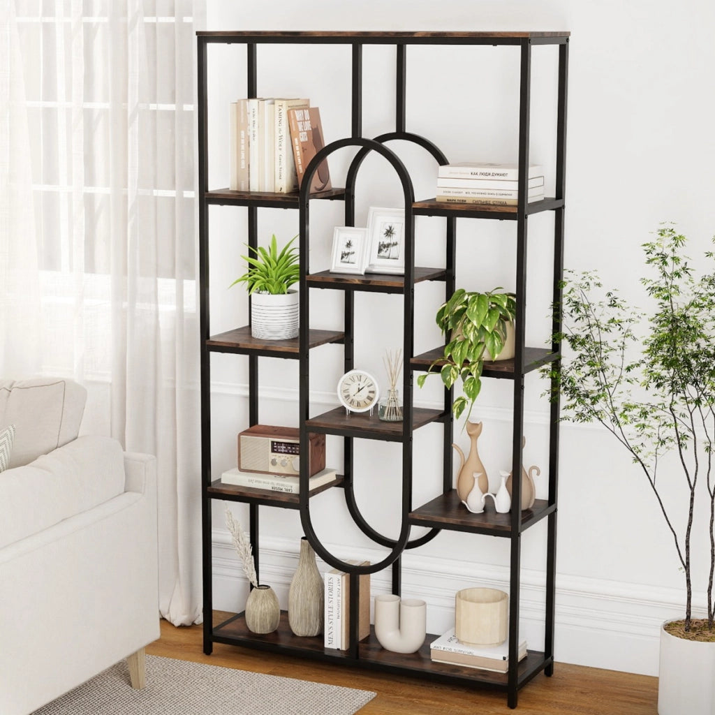 Libreria a 5 ripiani scaffale industriale etagere con ripiani aperti-Libreria scaffale alto autoportante a forma ovale Nero
