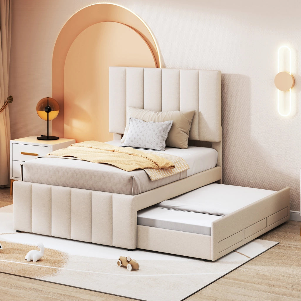 Letto imbottito singolo 90×200 cm con letto estraibile e 3 cassetti; rete; senza materasso; beige