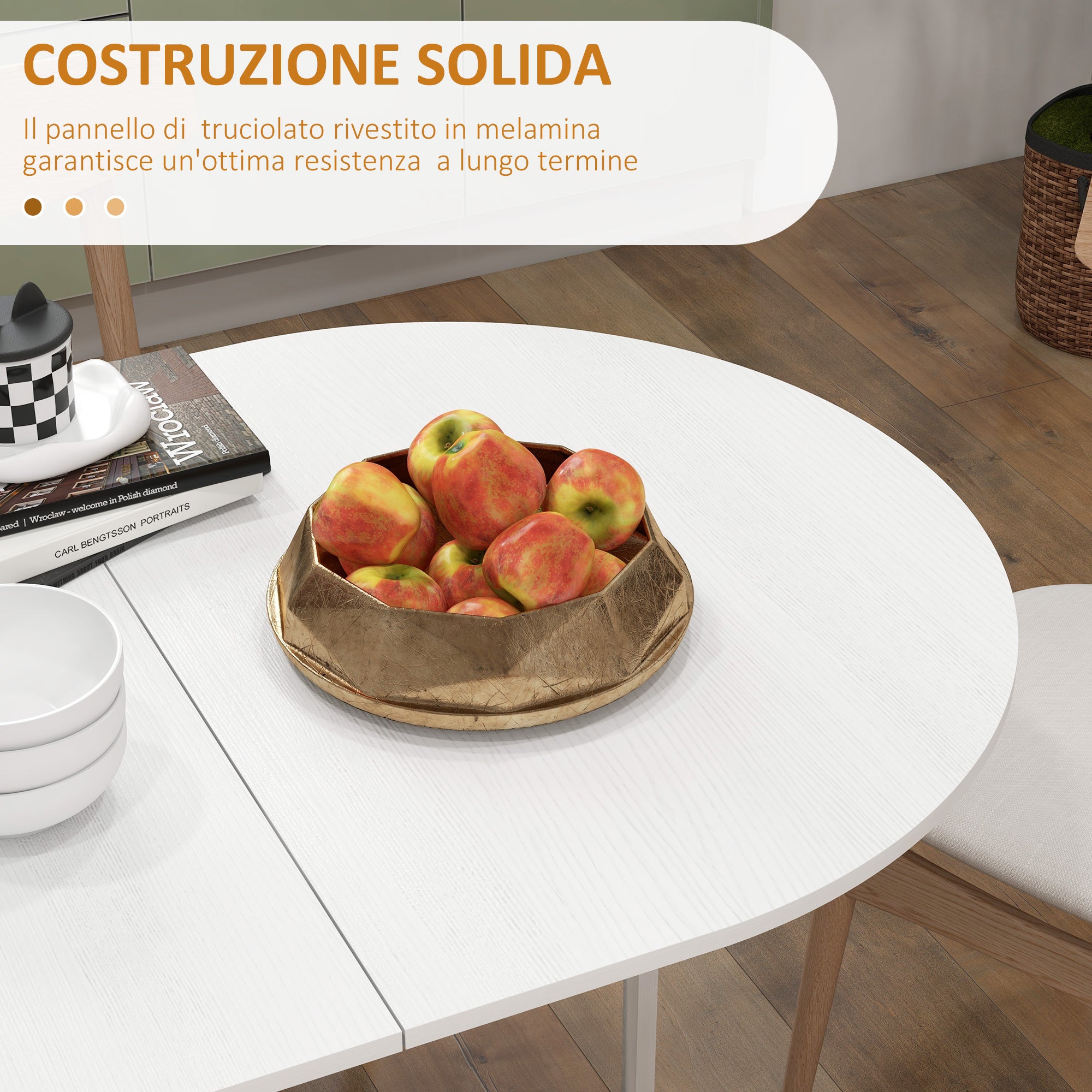 Tavolo Pieghevole da Pranzo 163x80x75 cm con 2 Ribalte Ovale in Legno Bianco