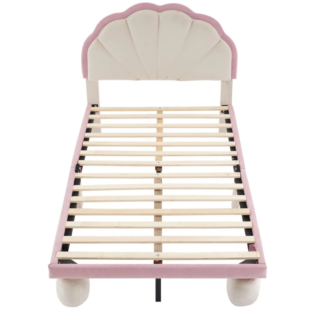 Letto imbottito con strisce LED multicolore a colori variabili, testiera con design a onde, con gambe rotonde imbottite, letto per bambini con doghe i