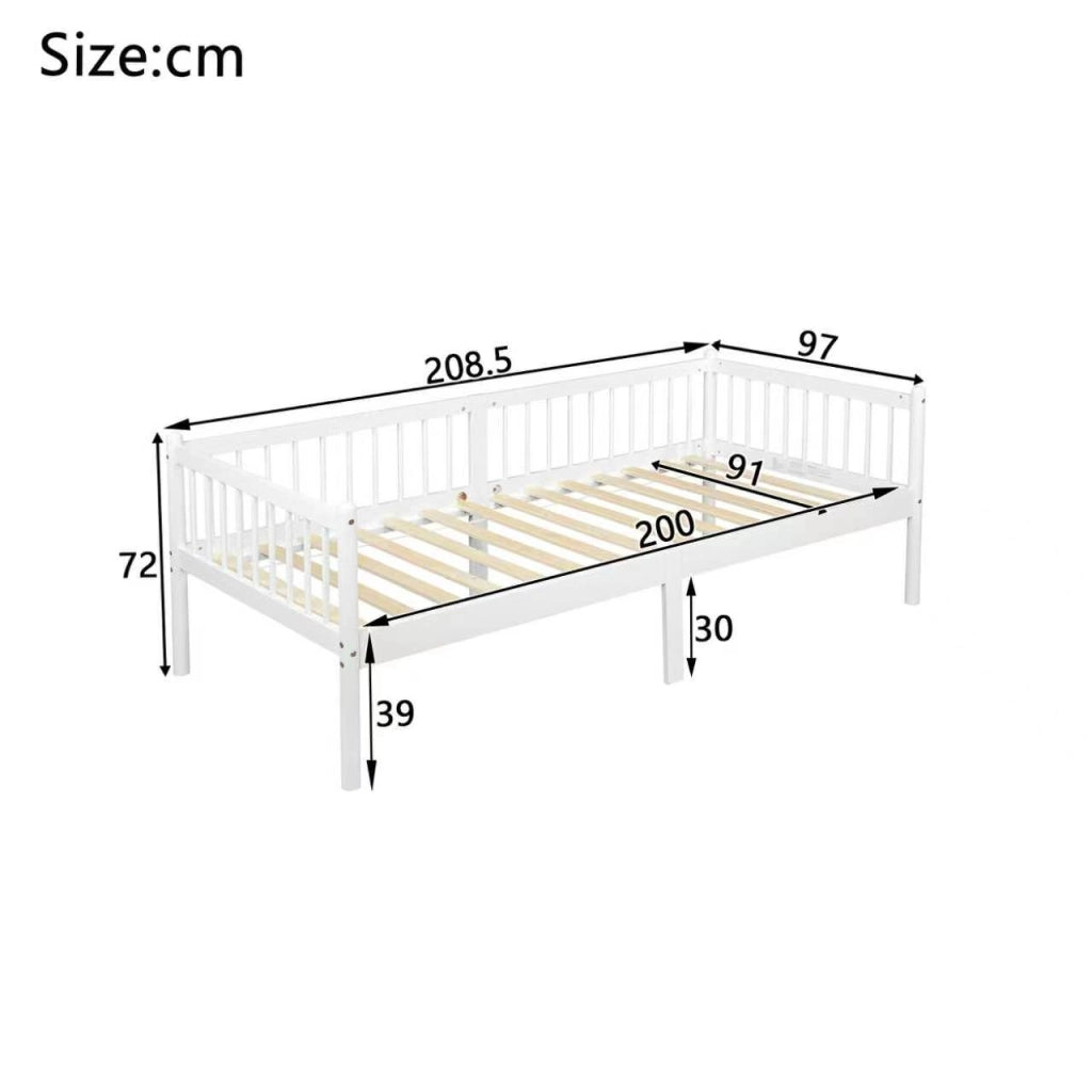 Letto singolo 90 × 200 cm con barriera su 3 lati, 14 listelli, senza materasso, in pino bianco