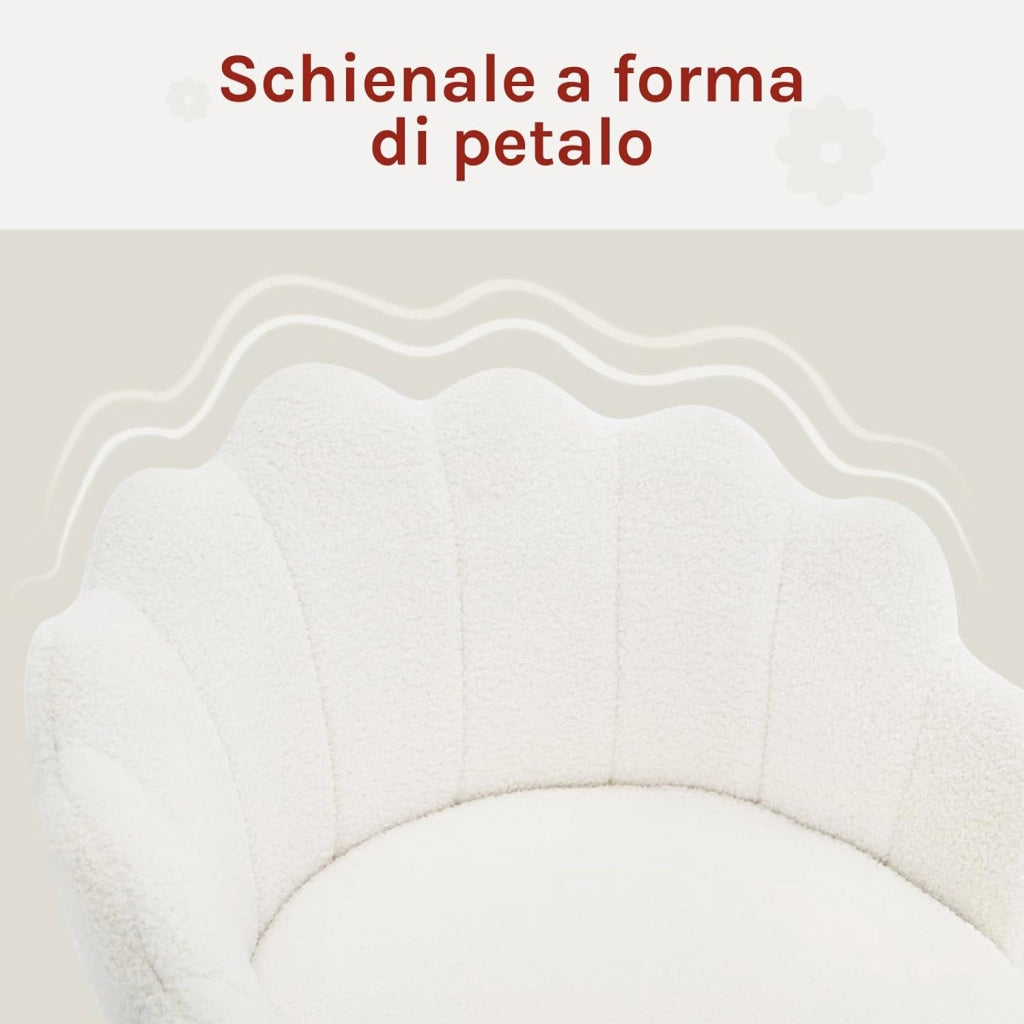 Sedia da Trucco con Schienale a Petalo, Sedia Ufficio con Braccioli e Rotelle, Poltroncina Girevole, Altura Regolabile, Cashmere, Crema
