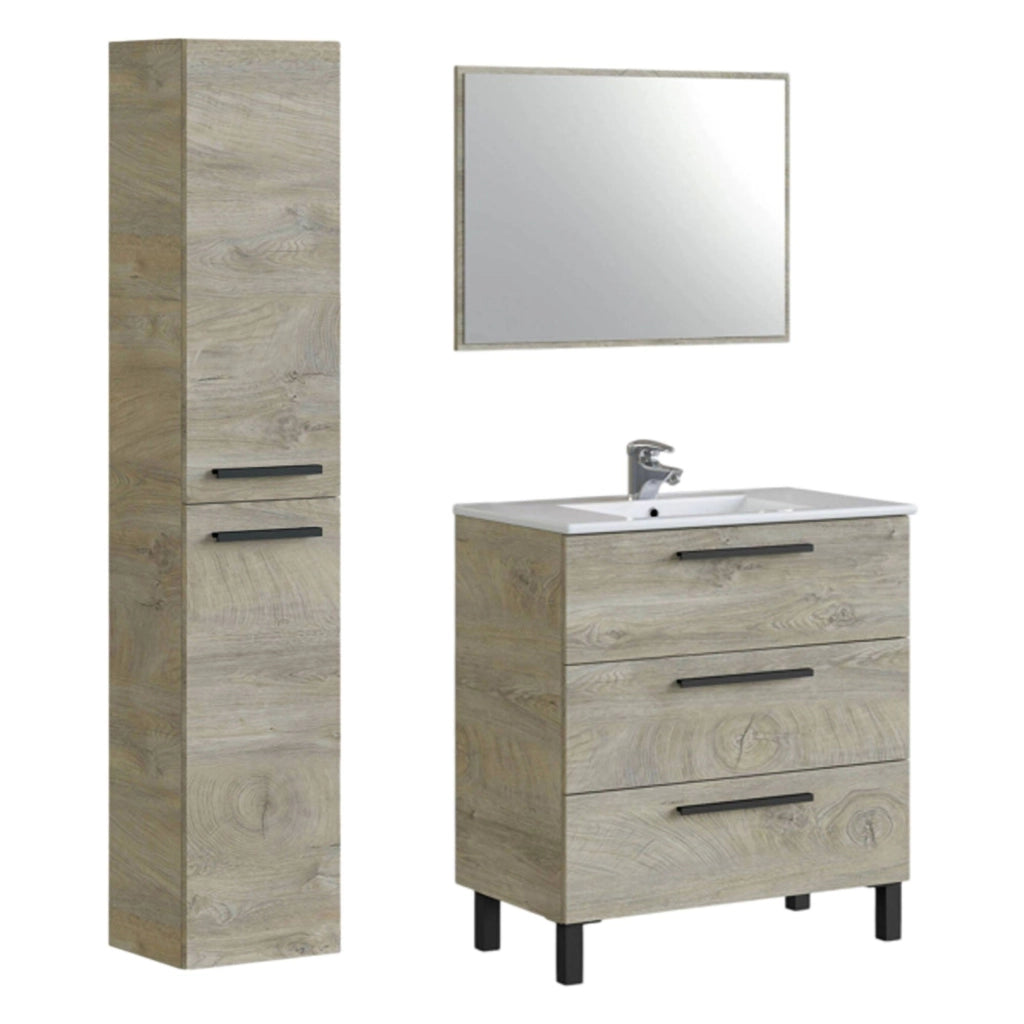 Corbola, set Mobili Bagno Specchio Incluso, Marrone Quercia