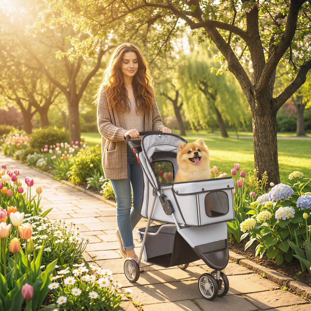 Carrello per Cani 4 Ruote Pieghevole con Coperchio Regolabile e Cestino ¨C Zephmum ¨C Grigio 77x44x102cm