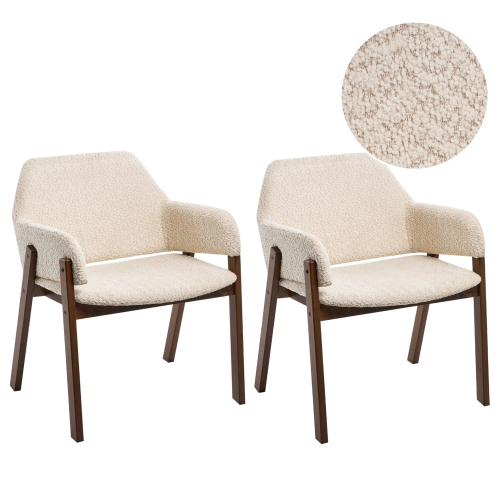 Set di 2 sedie da pranzo in tessuto bouclé marrone scuro e beige chiaro, con gambe in legno di gomma, stile retrò tradizionale