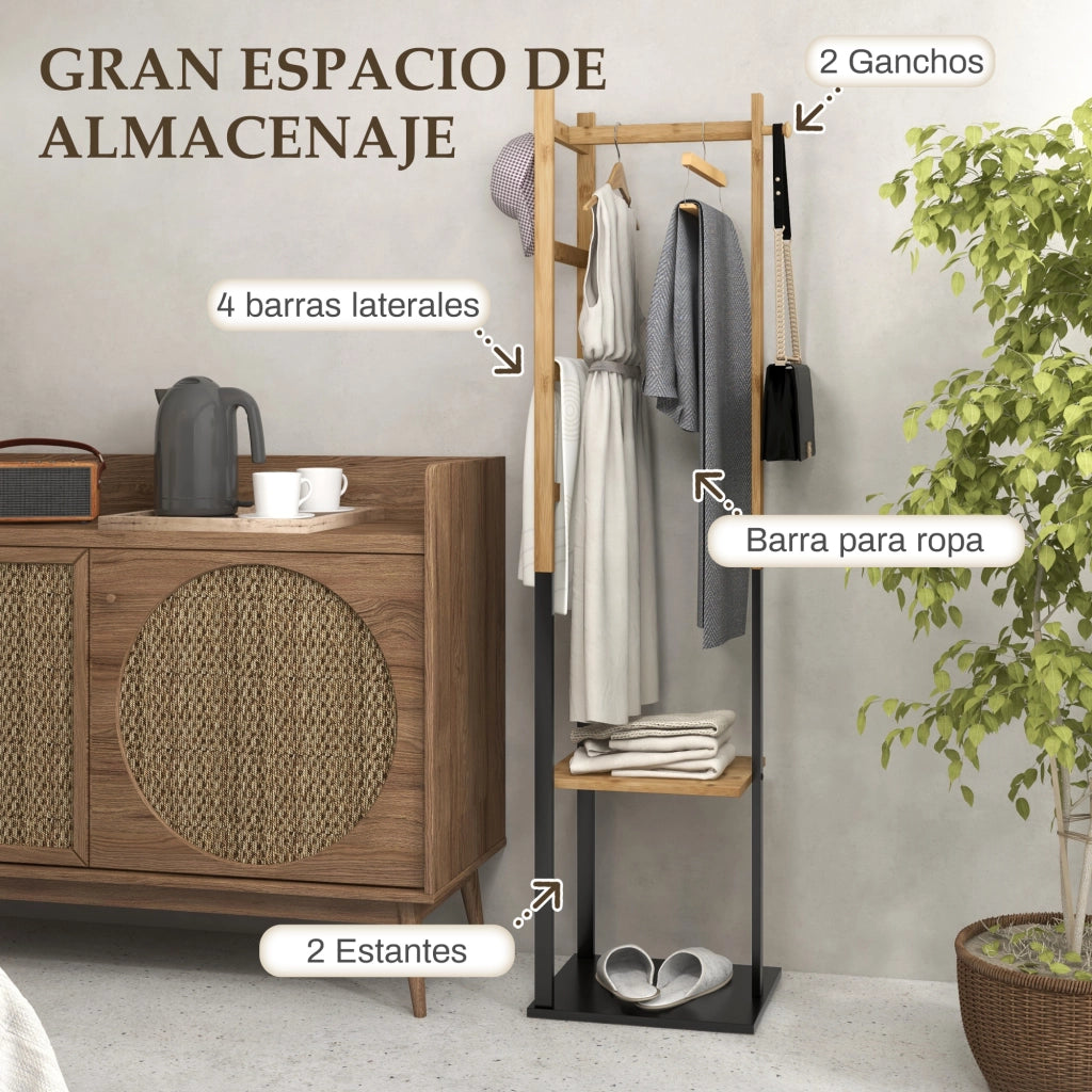 Appendiabiti a Stelo con Scaffale e Ganci ¨C Zephmum ¨C Legno Bamb¨´ e Acciaio Nero