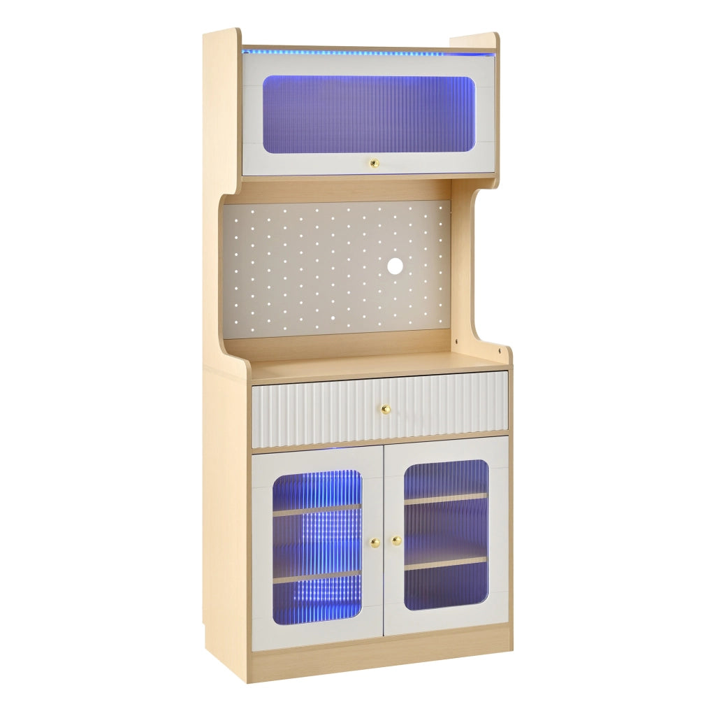 Credenza 80x40x180 cm con ripiani regolabili; cassetto; illuminazione LED; MDF e pannello truciolare; naturale e bianco