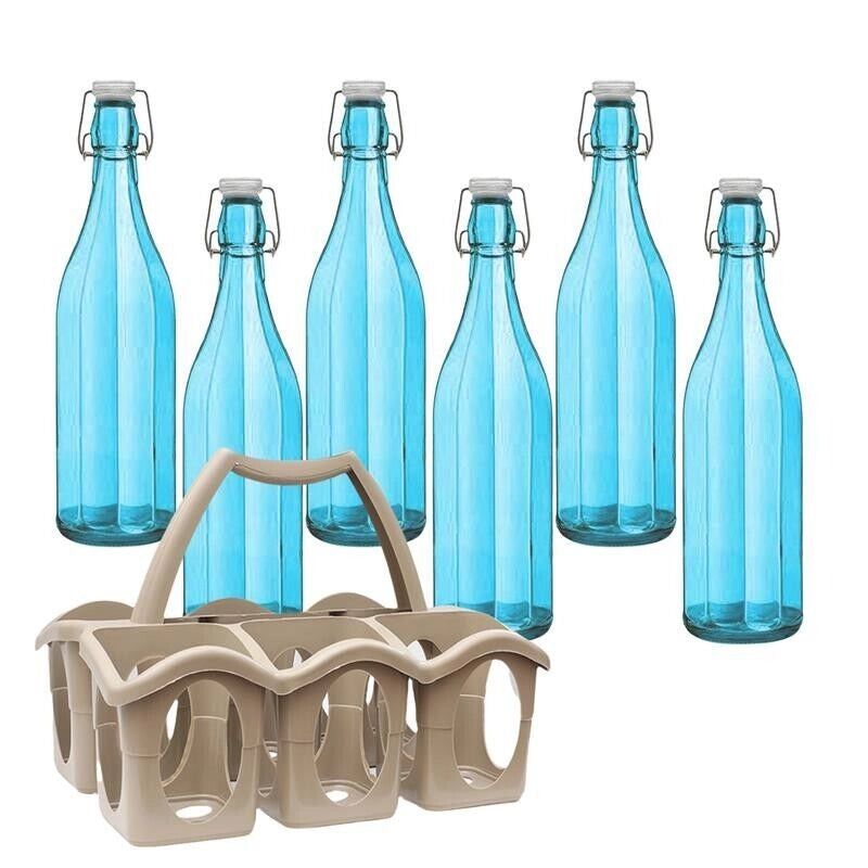SET PORTA BOTTIGLIE IN PLASTICA + 6 BOTTIGLIE IN VETRO DA 1 LT