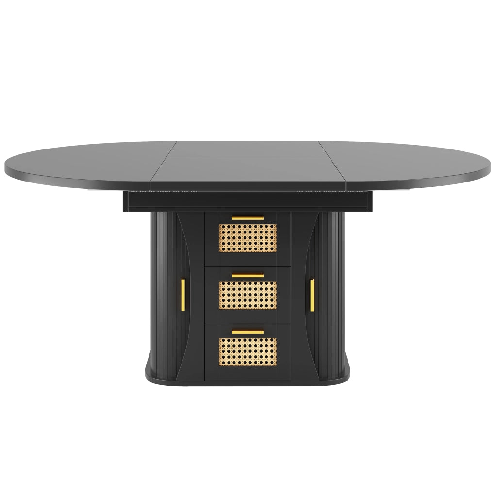 Tavolo da pranzo allungabile con contenitore; cassetti effetto rattan; in MDF e metallo; nero