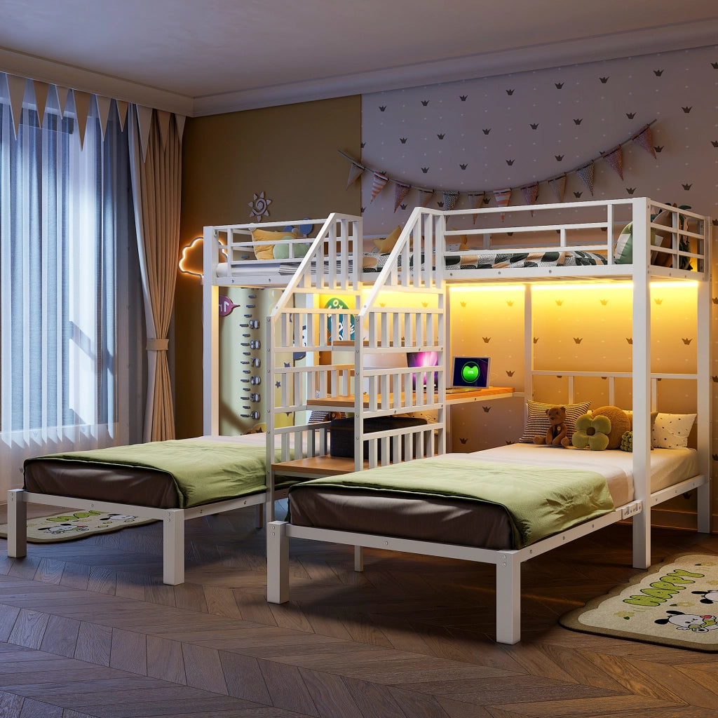LETTO a castello 90x200 cm 3 posti in metallo e MDF bianco con LED, scrivania e USB
