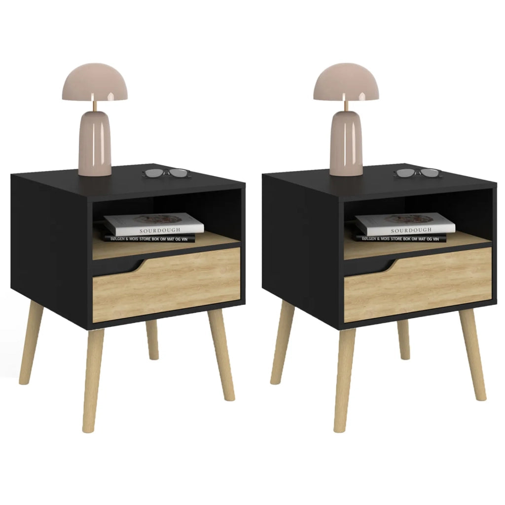 IDMarket - Juego de 2 mesillas de noche escandinavas HELSINKI de 1 cajón en negro y efecto haya