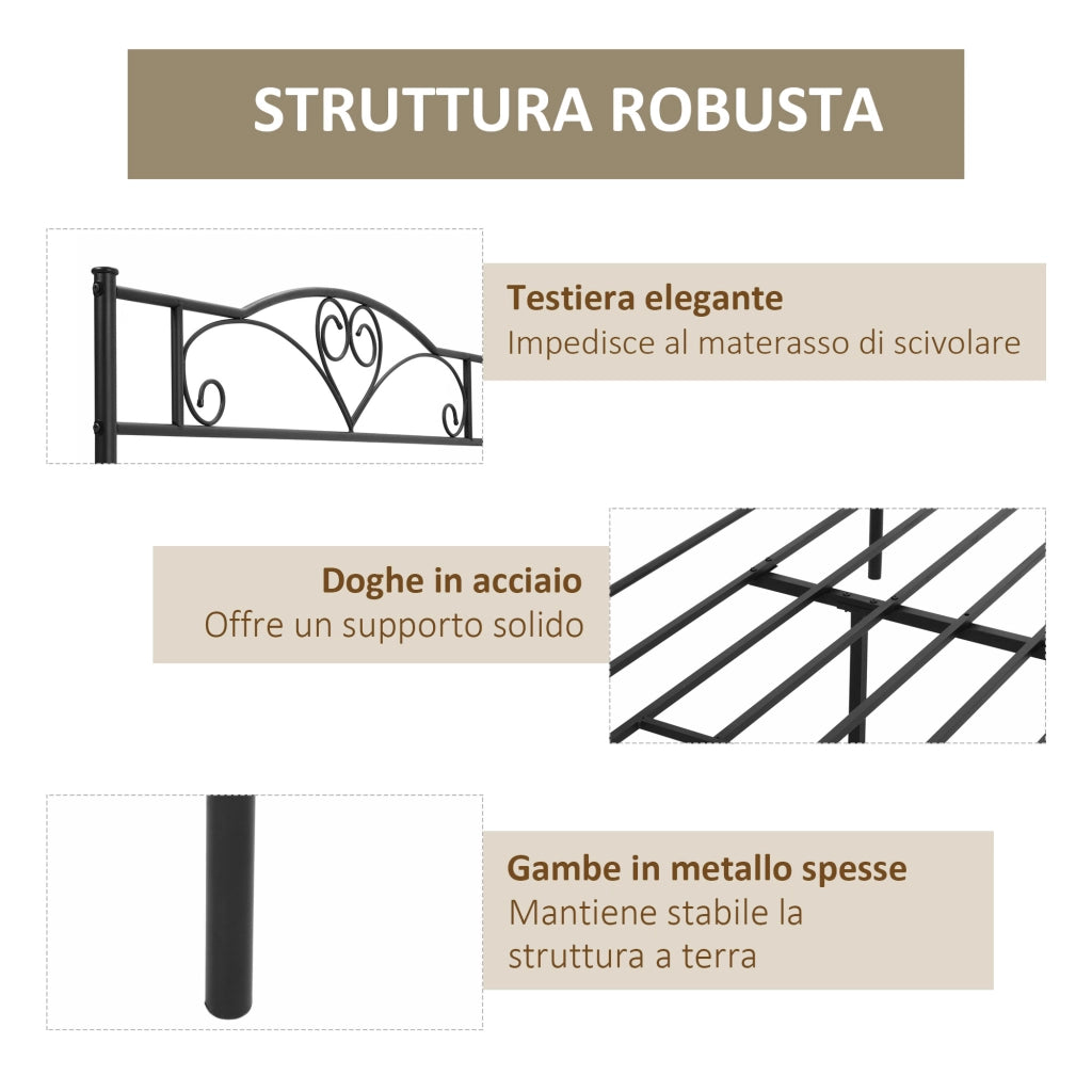Struttura Letto Una Piazza e Mezza in Acciaio con Doghe Integrate, Testiera e Pediera, 140x200cm
