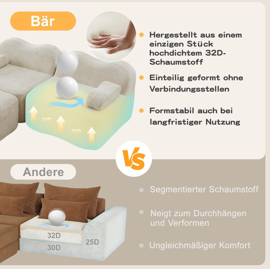 Divano angolare modulare 4 posti con pouf 384x167x70 cm in velluto beige