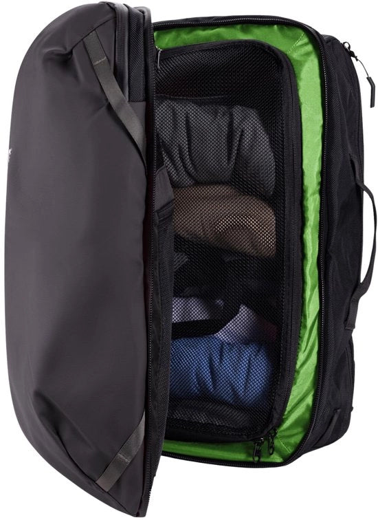 Zaino da viaggio Surf Travel, borsa in dimensione di bagaglio consentita, cerniere impermeabili, tasche segrete, spallali ergonomici, zaino per laptop - L'Isolotto, 40L, nero