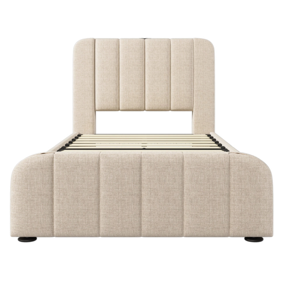 Letto singolo 90x200 cm con 4 cassetti; USB e Type-C; rivestimento in lino beige
