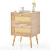 Comodino in Rattan con 2 Cassetti, Tavolini Laterali Moderni con Gambe in Legno Massello, per Soggiorno e Camera da Letto, 40 x 40 x 59 cm (1)