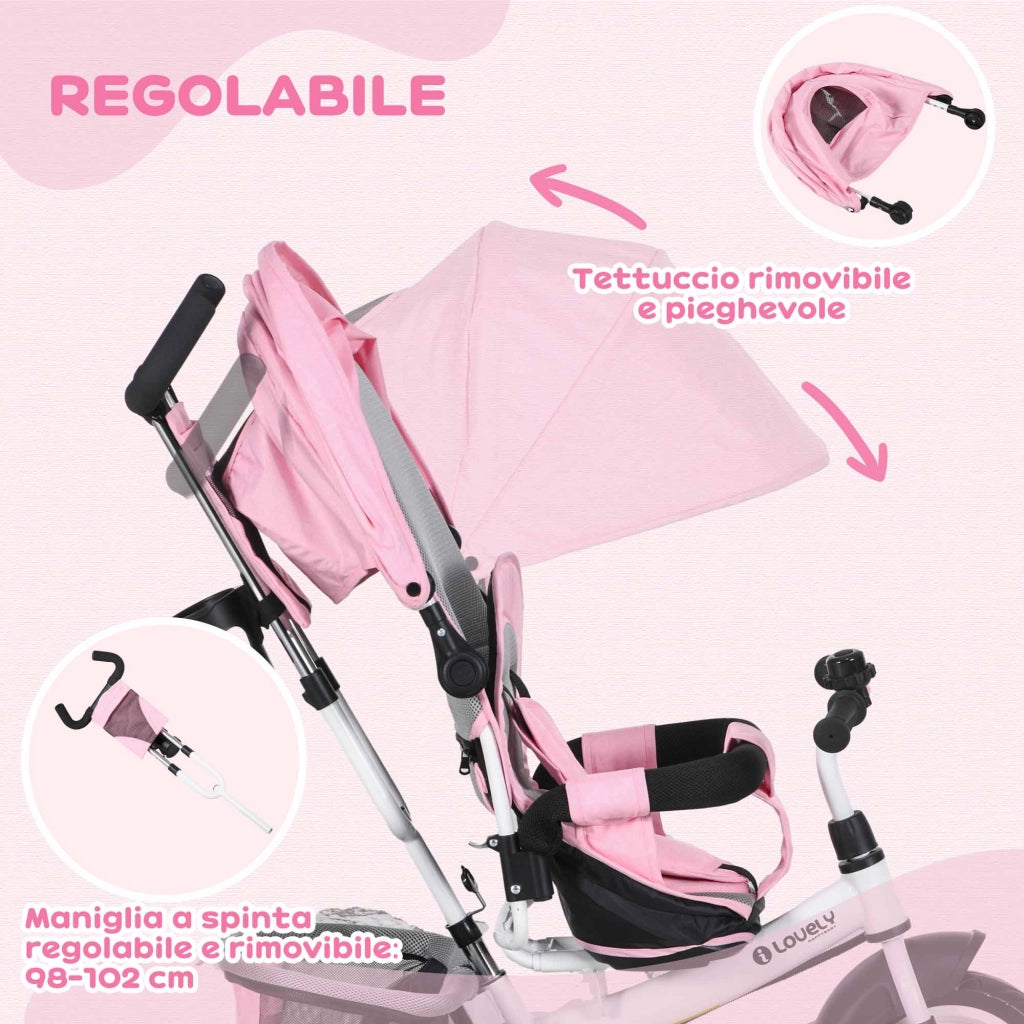 Triciclo Bambini con Tettuccio Regolabile ¨C Minimal ¨C 102x49x102 cm Bianco Rosa