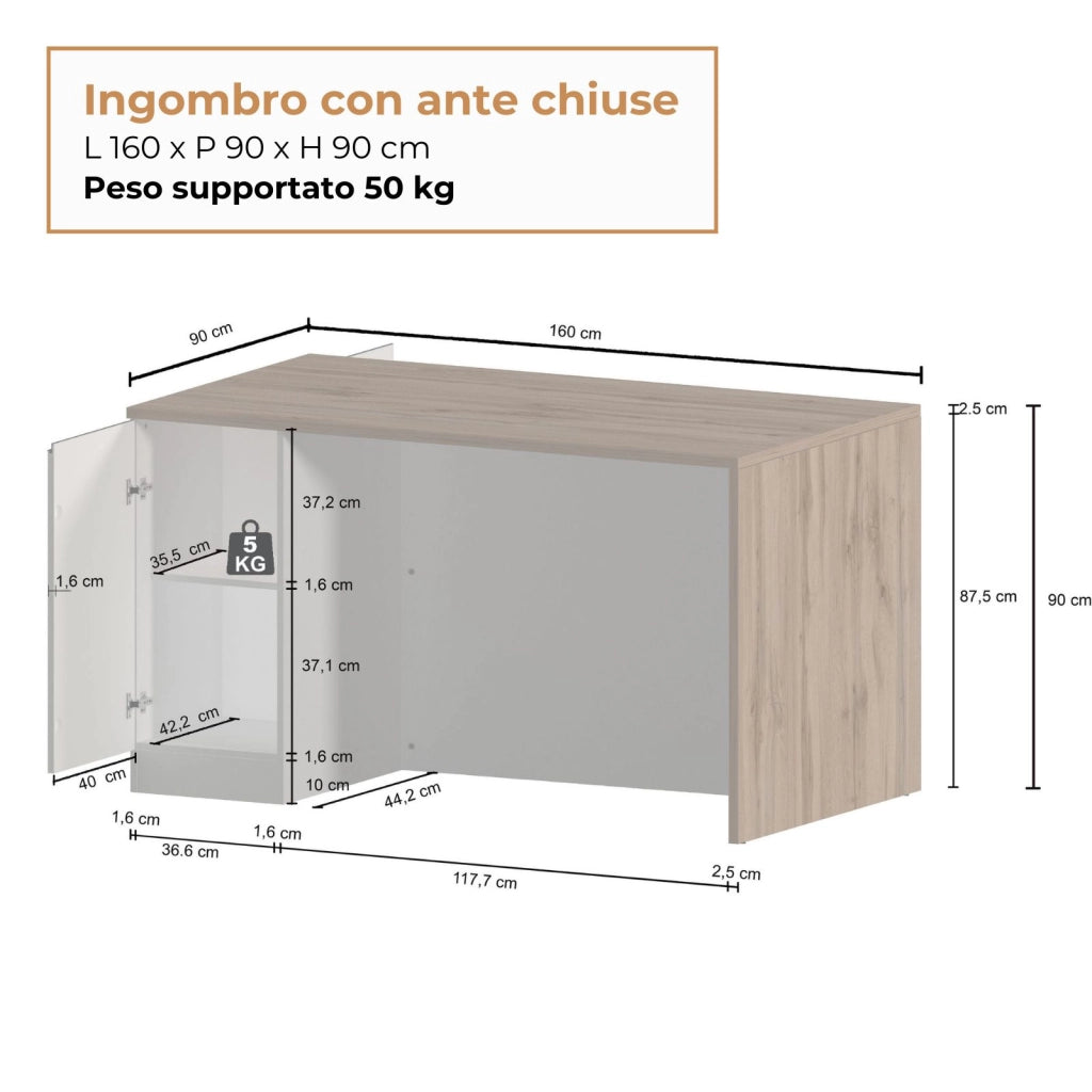 WHOUS Isola da cucina Sole a 2 ante bianco lucido e rovere 160x90x90 cm
