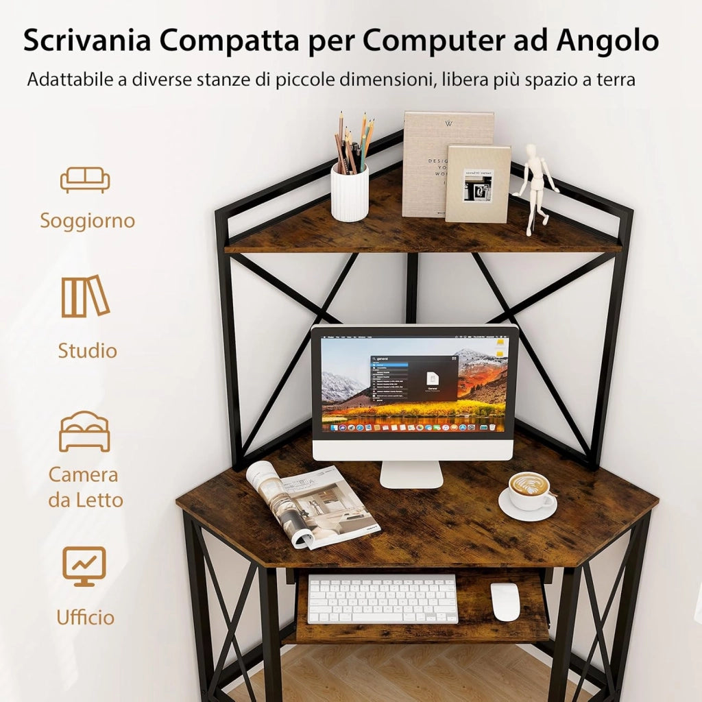 Scrivania Angolare con Prese, Scrivania ad Angolo con Ripiani, Porta Tastiera Estraibile e Struttura in Metallo, Scrivania Salvaspazio per Ufficio e Casa(marrone e nero)