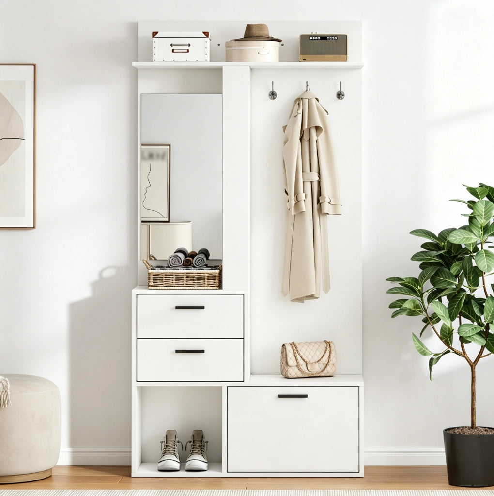 Mobile guardaroba con specchio, scarpiera e cassetti 90x30x180 cm bianco