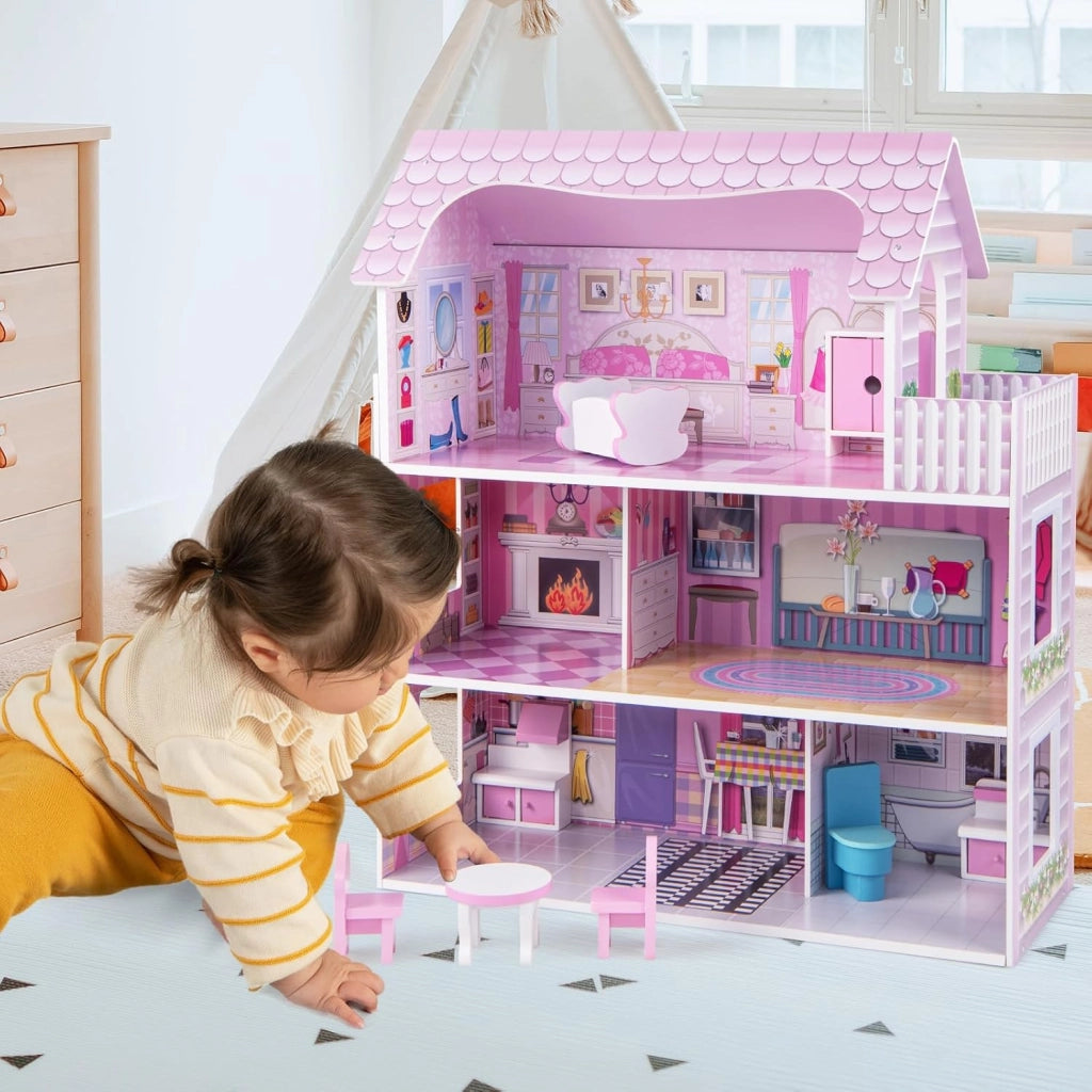 Casa delle Bambole in Legno per Bambina Giocattolo dei Bambini 3 Piani con Mobili e Accessori