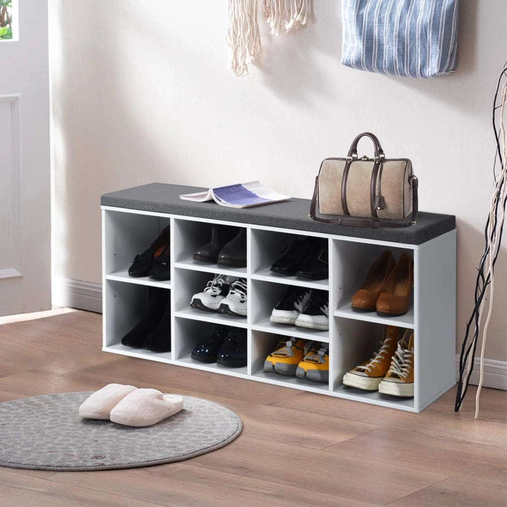 Scarpiera Salvaspazio da Ingresso con 10 Scomparti, Panca Contenitore con Cuscino, Cassapanca Portascarpe 104 x 30 x 48cm (Bianco)
