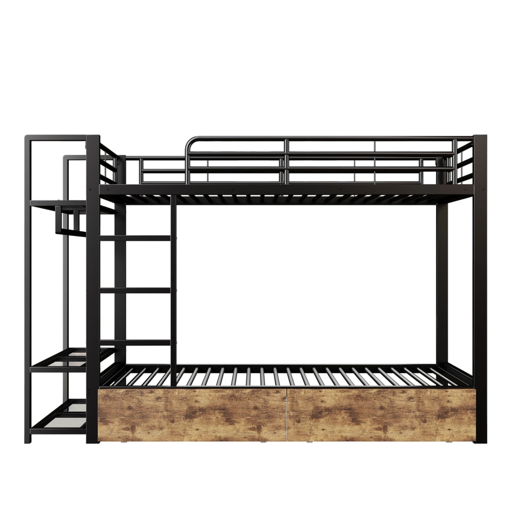 Letto a castello ULEVR 90x200 cm con LED controllabile tramite app, 2 cassetti e ripiani, nero
